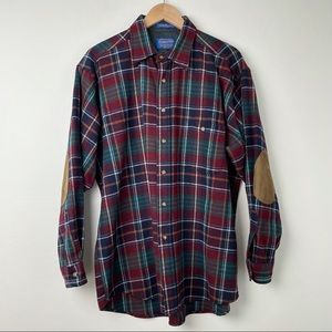 Pendleton 100% Virgin Wool Plaid Button Down Shirt Suede Elbow Pads